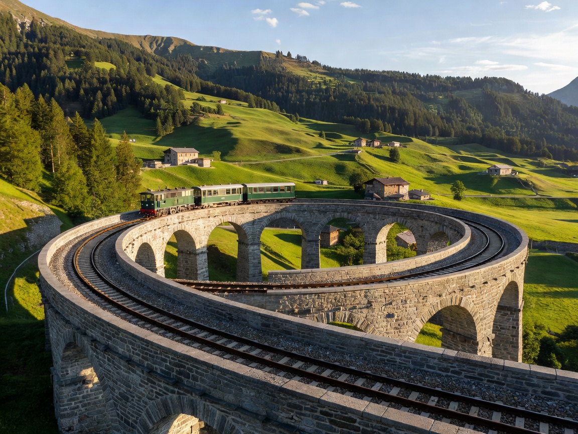 Bernina Express passing over the circular Brusio Viaduct in Poschiavo