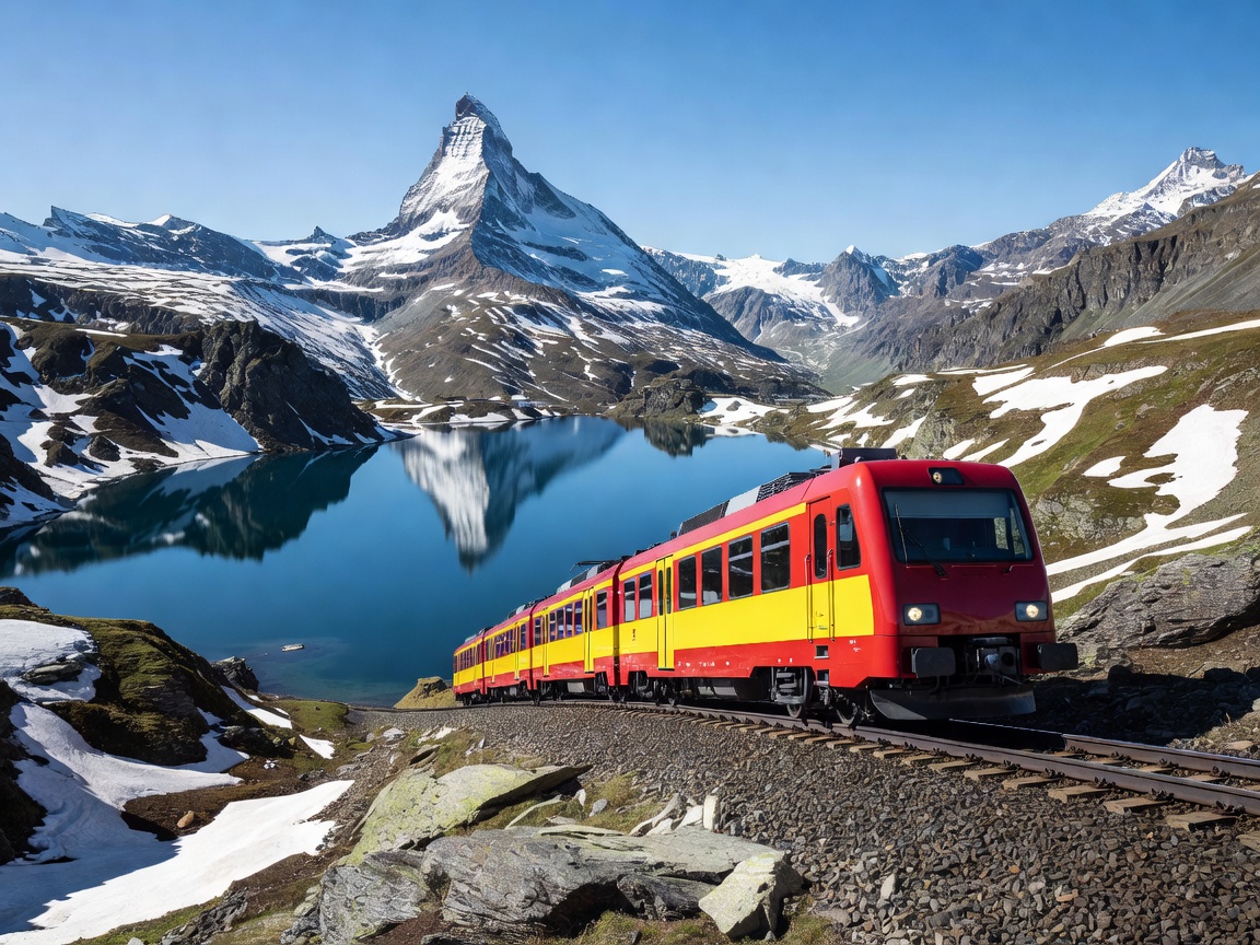 Gornergrat electric cogwheel railcar facing the Matterhorn pyramid