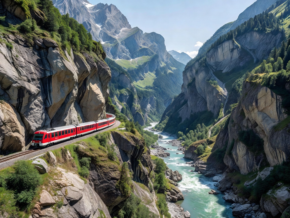 Glacier Express red panoramic train crossing Landwasser Viaduct in Graubunden