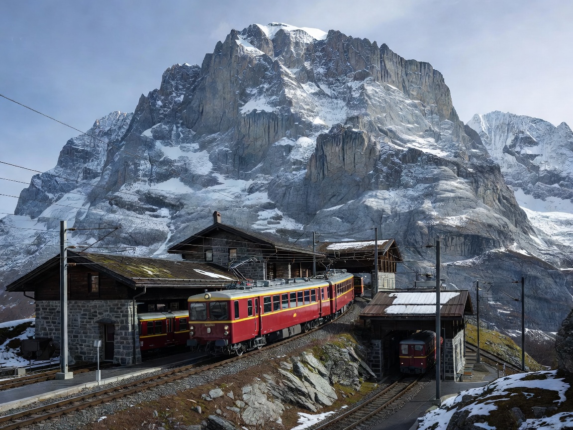 Kleine Scheidegg depot with Jungfraubahn train ascending towards the Eiger North Face