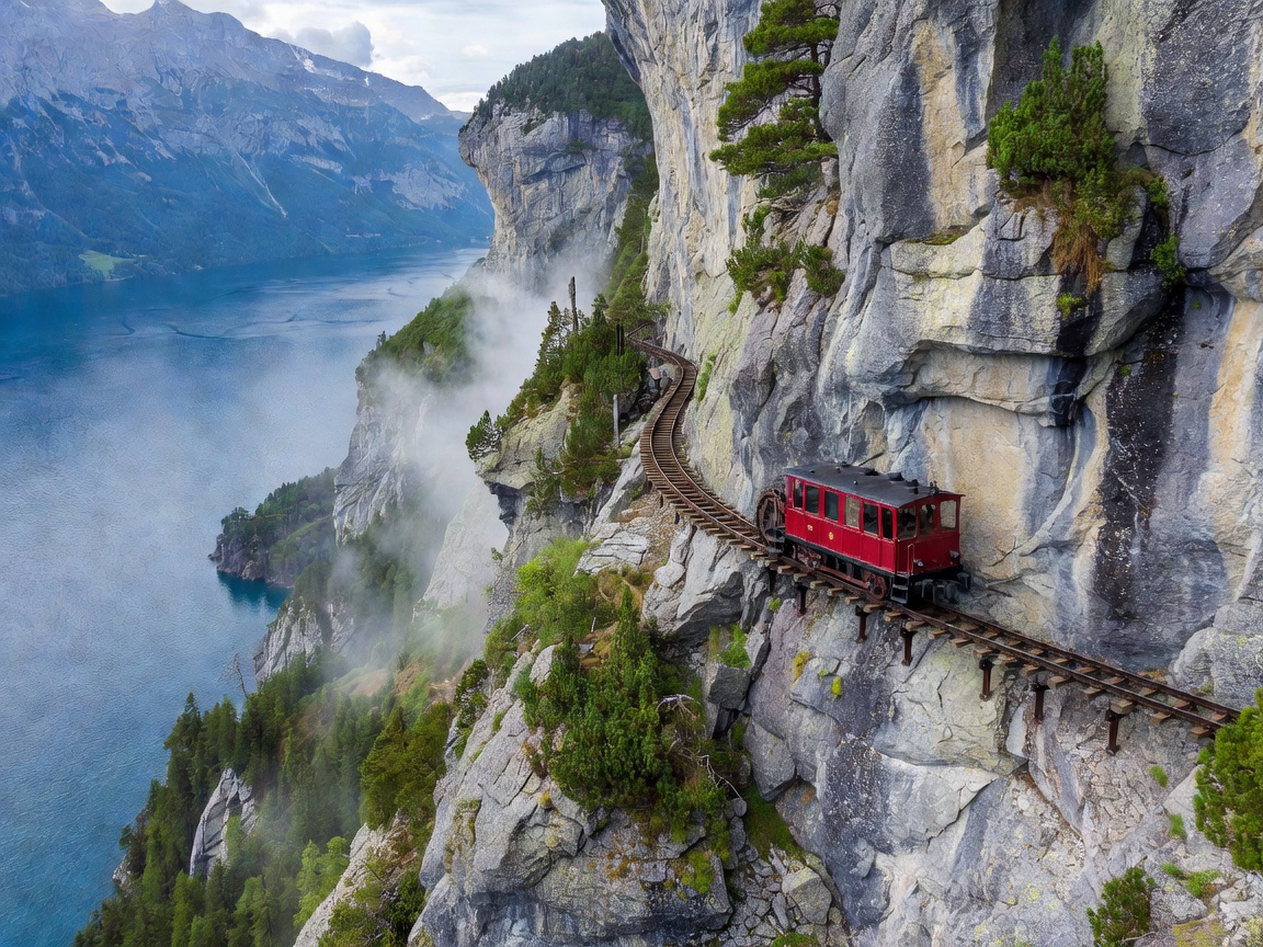 Pilatus railway train climbing sheer granite cliffs above Lake Lucerne
